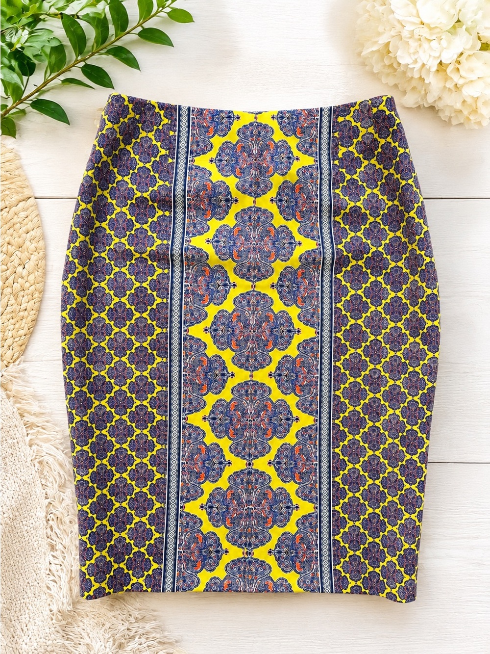 The Limited Women’s Pencil Skirt Yellow Blue Paisley Print Stretch Size 12